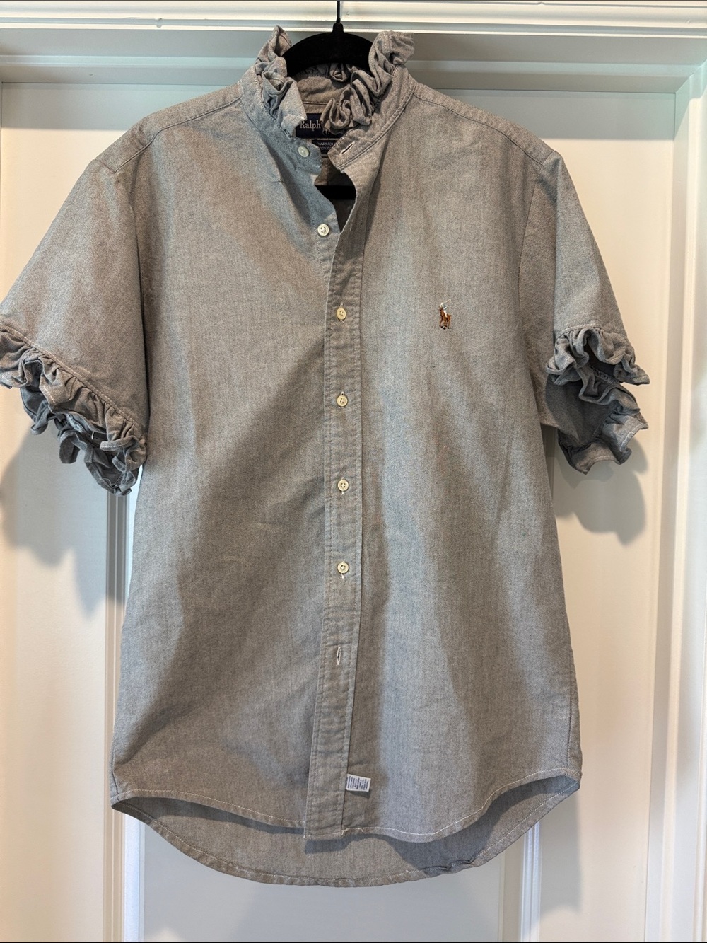 Polo by Ralph Lauren Light Gray Short-Sleeve Ruffle Collar Button-Down Shirt